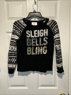 Justice for girls Black & White 'Sleigh Bells Bling' Sequin Christmas sweater
